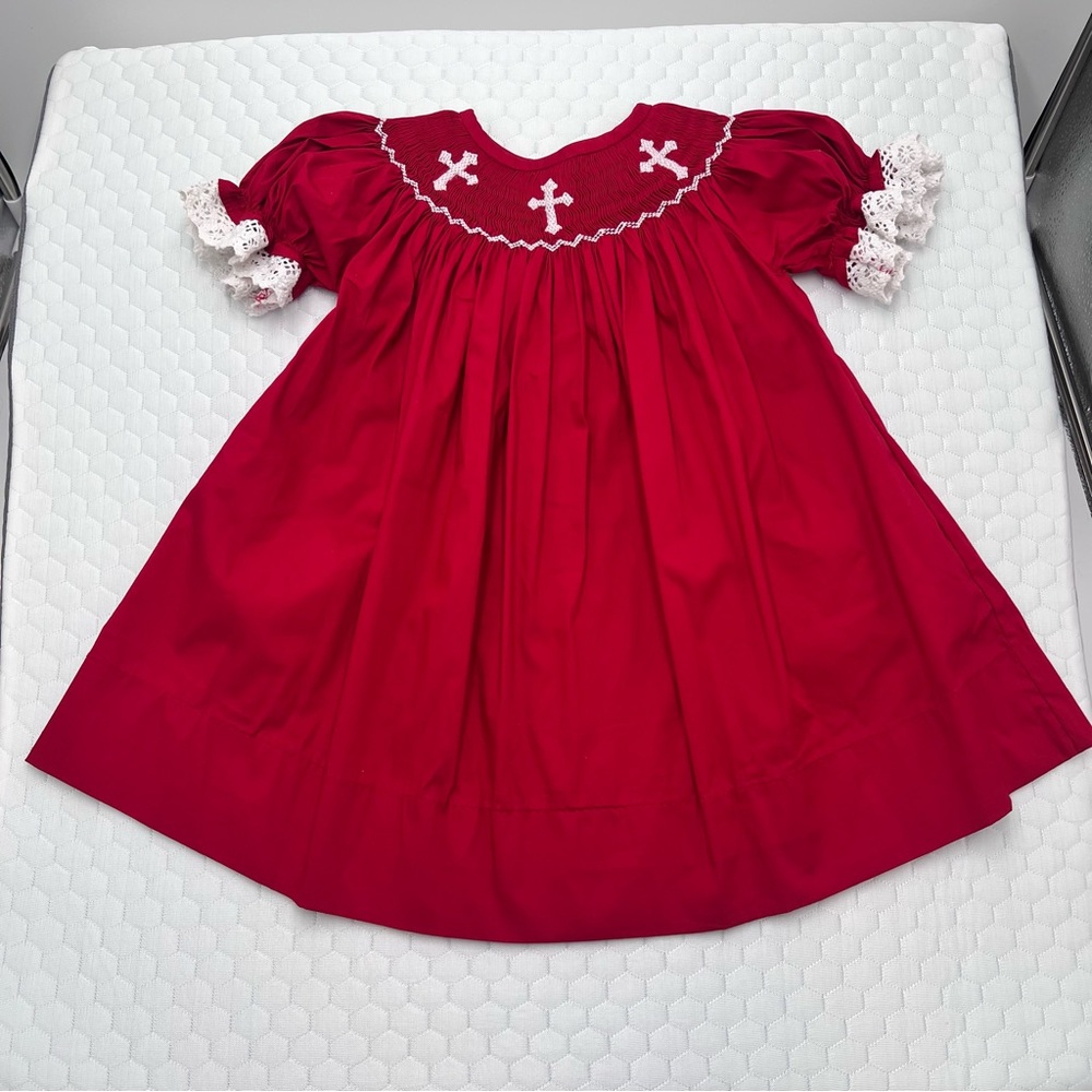 Girls' Red Smocked Cross Detail Formal Dress